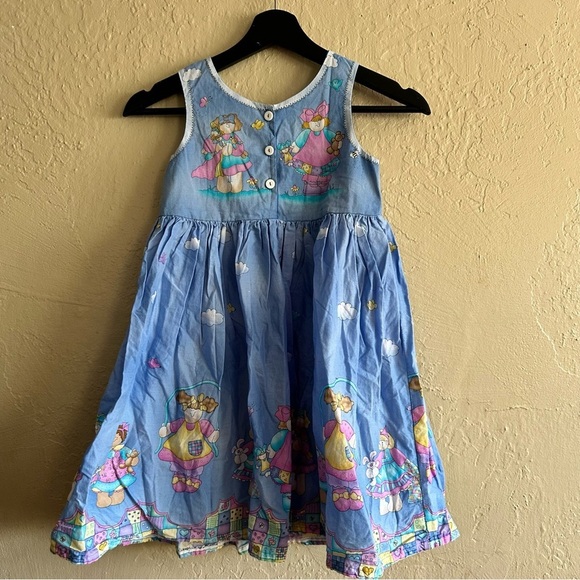 Handmade Other - Vintage Handmade Blue Kids Dress with Playful Print